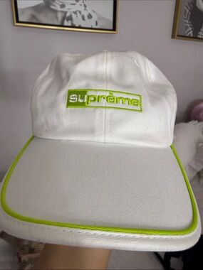 Supreme White Cap with Neon Green Logo and Trim